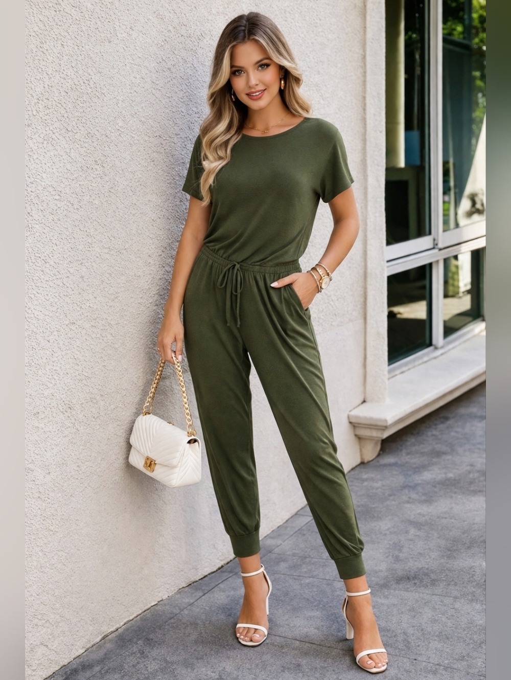 Army Green Casual Lounge Jumpsuit Women Elastic Waist Comfy Fit